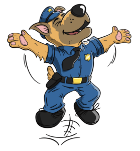 Basko Maskottchen in Polizeiuniform macht einen freudigen Sprung