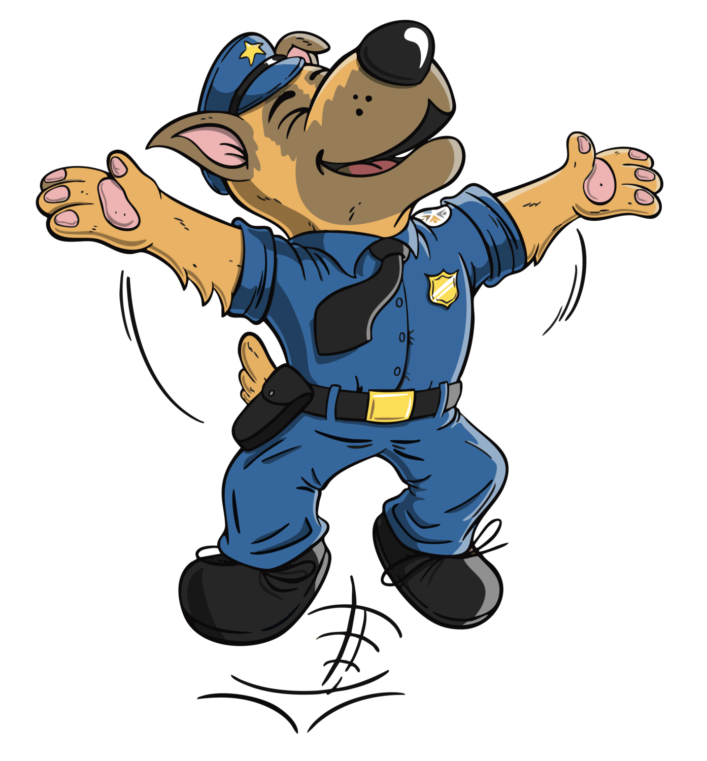 Basko Maskottchen in Polizeiuniform macht einen freudigen Sprung