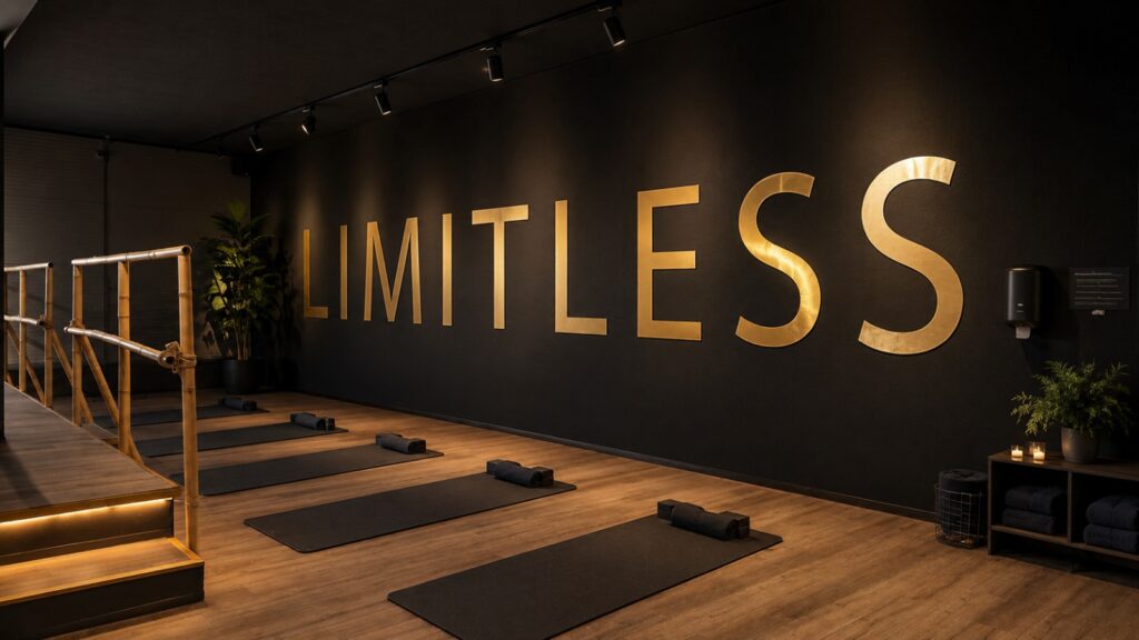 Kursraum Yoga Limitless Recklinghausen Kursraum mit Yogamatten und goldenem Limitless Schriftzug an schwarzer Wand im Limitless Recklinghausen