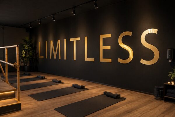 Kursraum Yoga Limitless Recklinghausen Kursraum mit Yogamatten und goldenem Limitless Schriftzug an schwarzer Wand im Limitless Recklinghausen